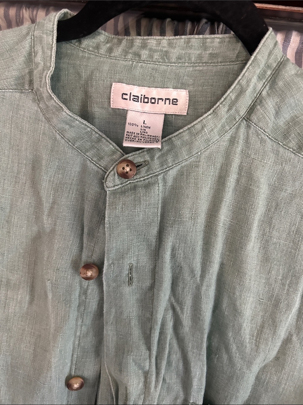 Claiborne Sage Green Mandarin Collar Button-Front Linen Top - Picture 2 of 6